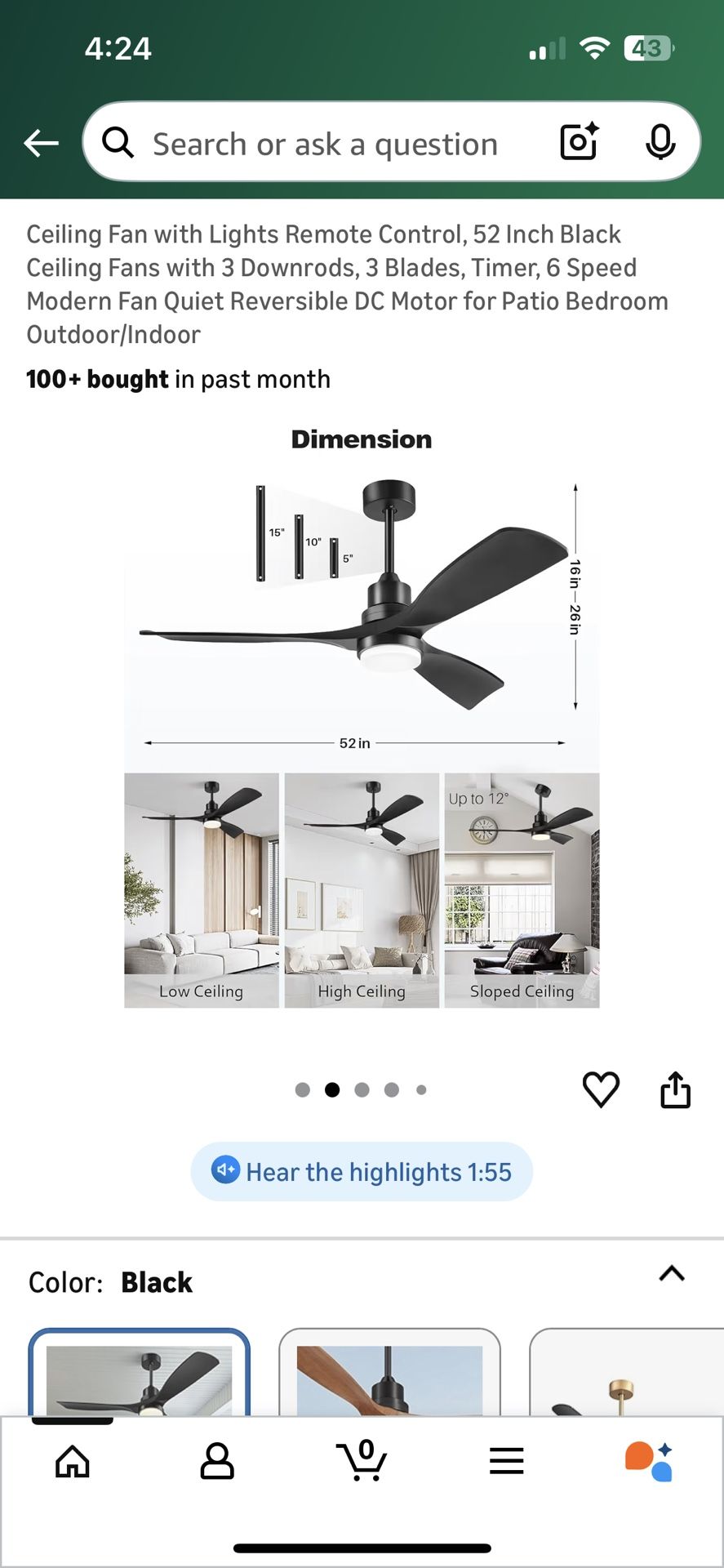 52 Inch Black Ceiling Fan with Lights NEW