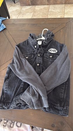 Mens AC/DC black jean jacket blended w/ dark gray sweater,  size L