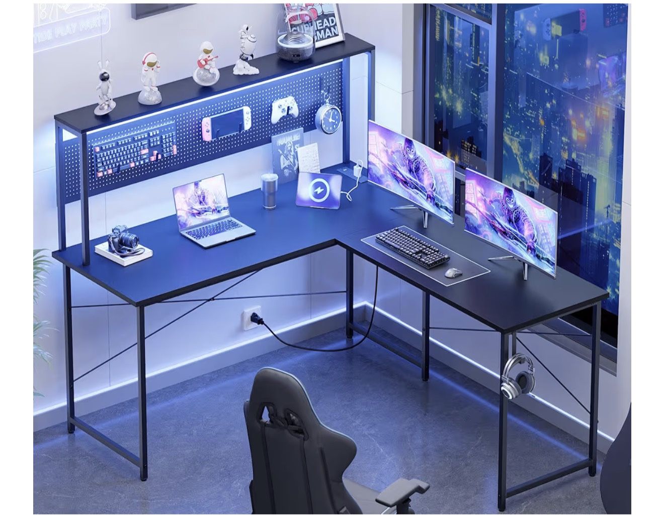 Brand New In The Box- Pamray 60 Inch L Shaped Gaming Desk with LED Lights and Power Outlets Reversible Corner Computer Desk with Pegboard Storage Shel