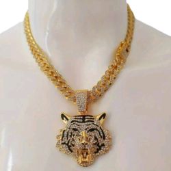 Gold Tiger Face Necklace 20 Inches