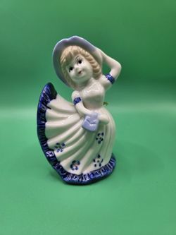 Ceramic Victorian Girl Figurine Bell Blue Floral Dress Glossy Finish