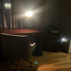 solid cherry oak desk with matching file cabinet and swivel padded velvet chair