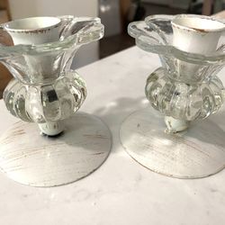 Cottage / Shabby Metal and Glass Taper Candle Holders - Set of 2   Approx 3.25” tall 