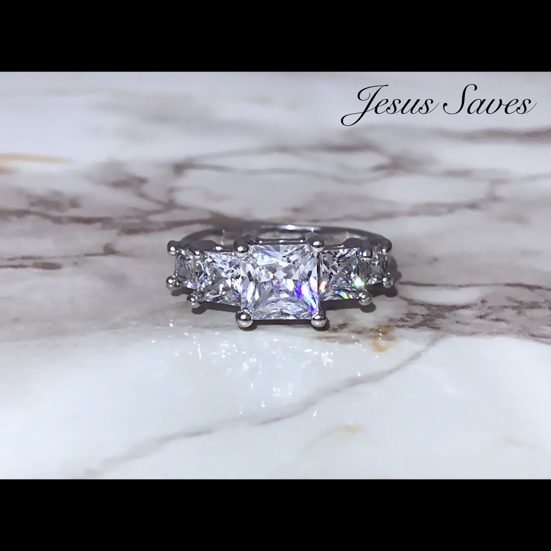 Elegant Silver Tone Princess Cut Ring Size 9 & 10