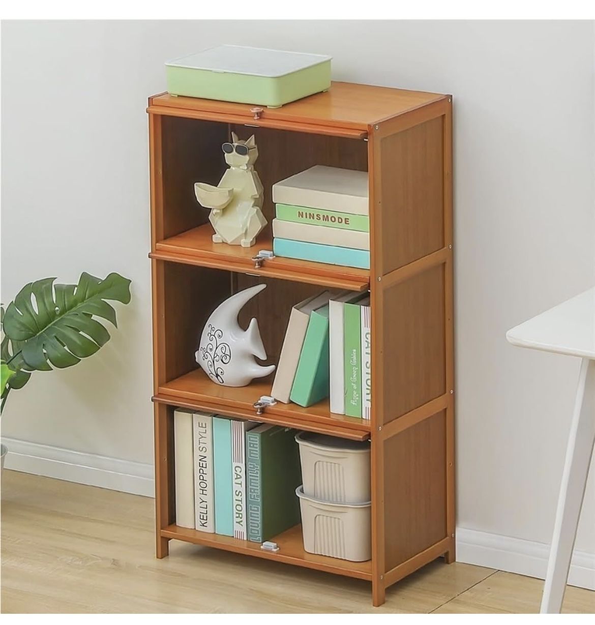 Bamboo Display Cabinet, Standing Bookshelves with Doors for Bedroom, 12x24x41