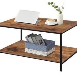 Newly assembled Small Brown Rectangle Wood and Metal Coffee Table with Storage Shelf
