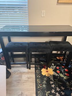 Black Bar Table with 3 Upholstered Stools