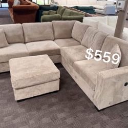 Stylish 4-Pc Beige Sectional Sofa With Ottoman