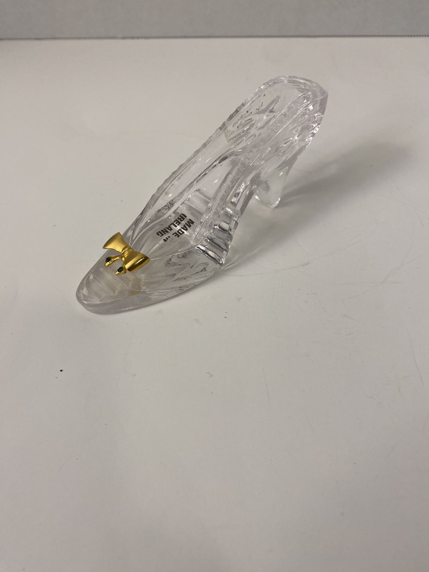 Disney Cinderella Solid Glass Slipper & Gold Bow (made in Ireland); 5” Long