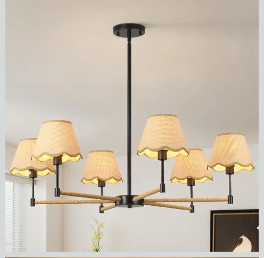 Boho Rattan Farmhouse Chandelier, 6-Light Modern Large Black Pendant Light, Rustic Adjustable Hanging Lighting Fixture for Dining Room, Kitchen Island