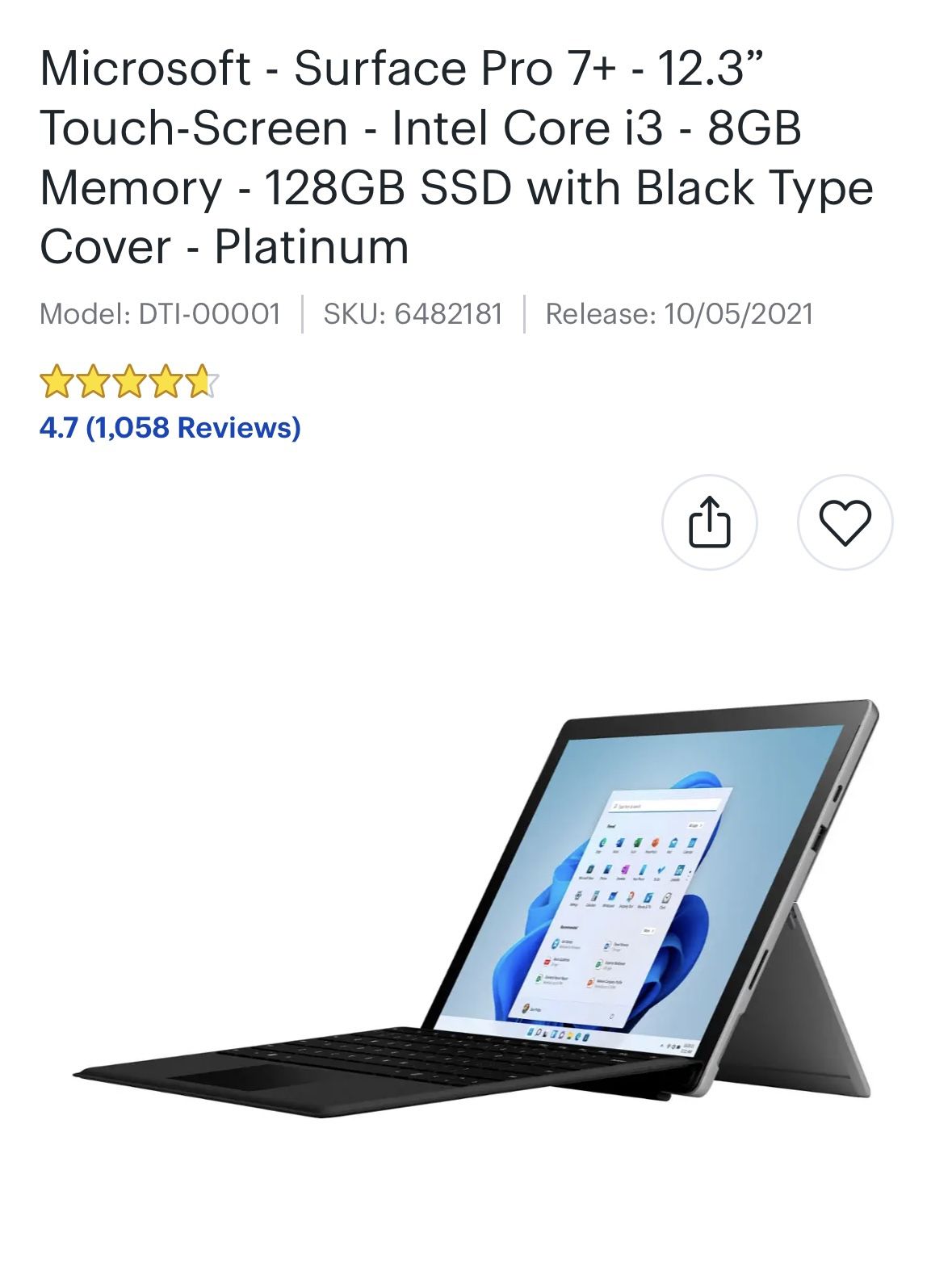 Microsoft Surface Pro 7+ 12.3" Intel Core 13 8GB RAM 128GB SSD & Keyboard - KATY PICK UP ONLY