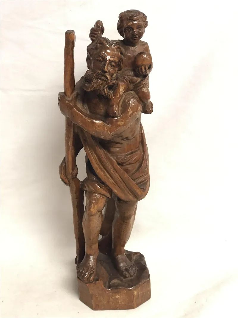 ANTIQUE 12" WOOD HAND CARVED PATRON SAINT ST CHRISTOPHER JESUS FIGURE STATUE
