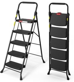 HBTower Step Ladder, 5 Step Ladder with Wide Anti-Slip Pedal 225lbs Capacity, Step Ladder 5 Step Folding for Home and Kitchen, Black
