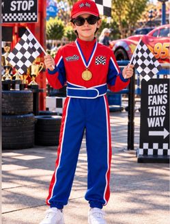Kids Red Race Car Driver Large with Cap & Accessories NEW Halloween Costume