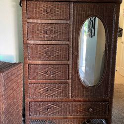Wicker Dresser With Mirrored Cabinet And Matching Chest