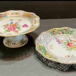 Vintage Floral Motif Plate & Pedestal Compote From Dresden Germany Antique 