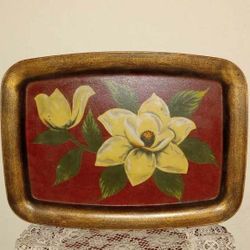 VINTAGE HAND PAINTED GOLD FRAMED FLORAL FLOWER SERVING TRAY PLATE PICTURE ART PLAQUE ACCENT TABLE DECOR