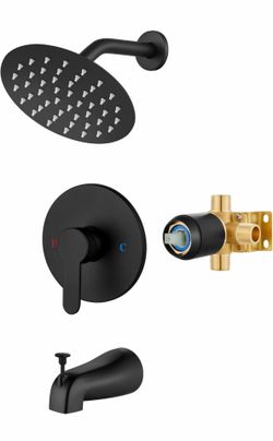 Shower Faucet Set with Tub Spout,Bathtub Faucet Set Complete, Round Rainfall Shower Head, Tub and Shower Trim Kit with Solid Brass Rough-In Valve, 6 I