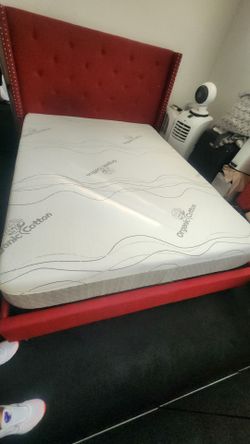 Red Upholstered Bed Frame with Mattress