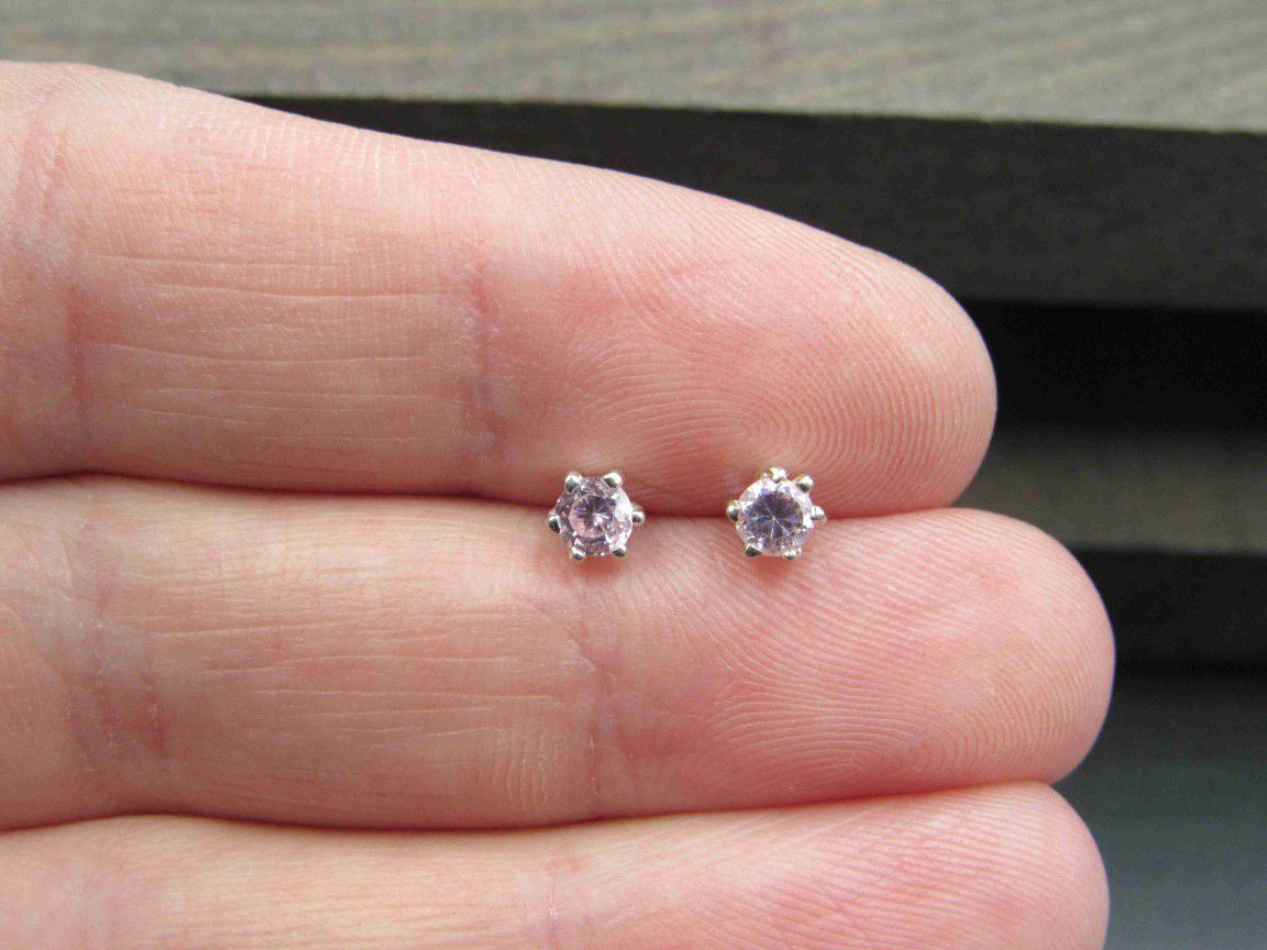 Sterling Silver Tiny Pink Cubic Zirconia Stone Earrings Vintage Wedding Engagement Anniversary Beautiful Everyday Minimalist Cute