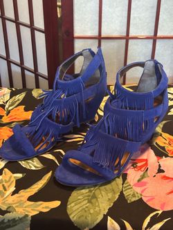 Blue Suede Fringe Heeled Sandals Size 8