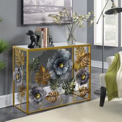 Console Table, Vintage Art Sofa Table with Metal Flower Decor, Narrow Entryway Tables with Glass Mirror Tabletop Behind Sofa, Narrow Accent Table for 