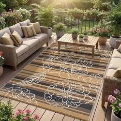 Garvee 5x8 Outdoor Waterproof Rug, Floral Outdoor Area Rug，Reversible Plastic Straw Patio Rug