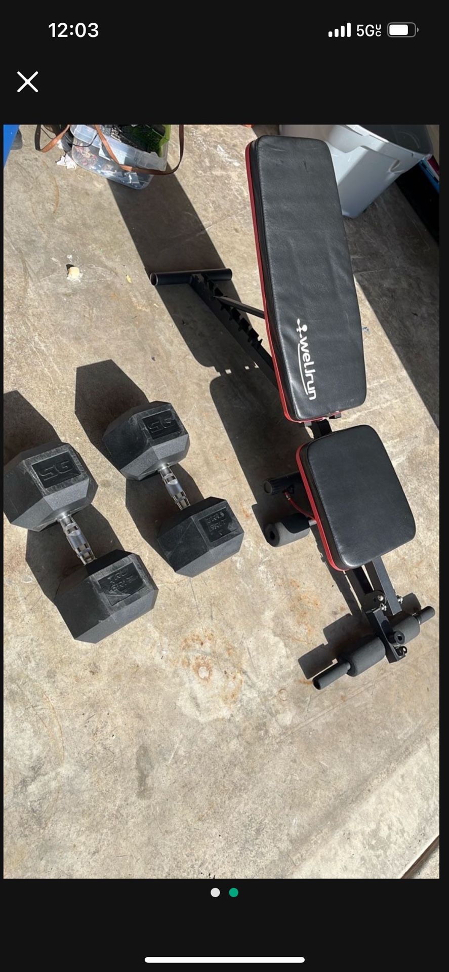 95lbs pair of rubber hex dumbbells And Bench.