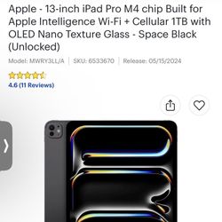 13" Apple iPad Pro (M4) Wifi+Cellular 1TB Unlocked