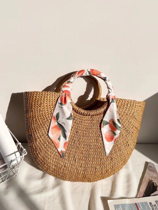 Straw tote bag with cute peach scarf