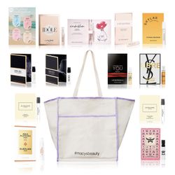 New— Macys Canvas Tote with 15 fragrance samples 