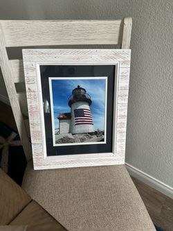 Framed Lighthouse Photo with Distressed White Frame