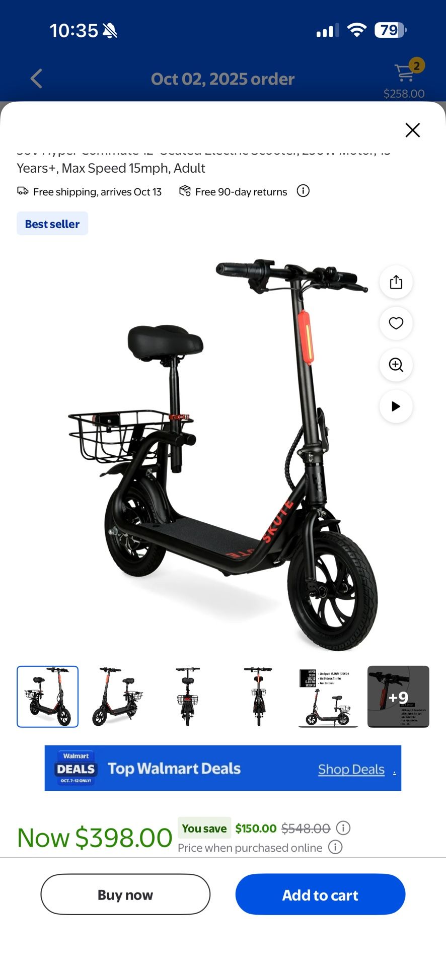 36V Hyper Commute 12" Seated Electric Scooter, 250W Motor, 13 Years+, Max Speed 15mph, Adult