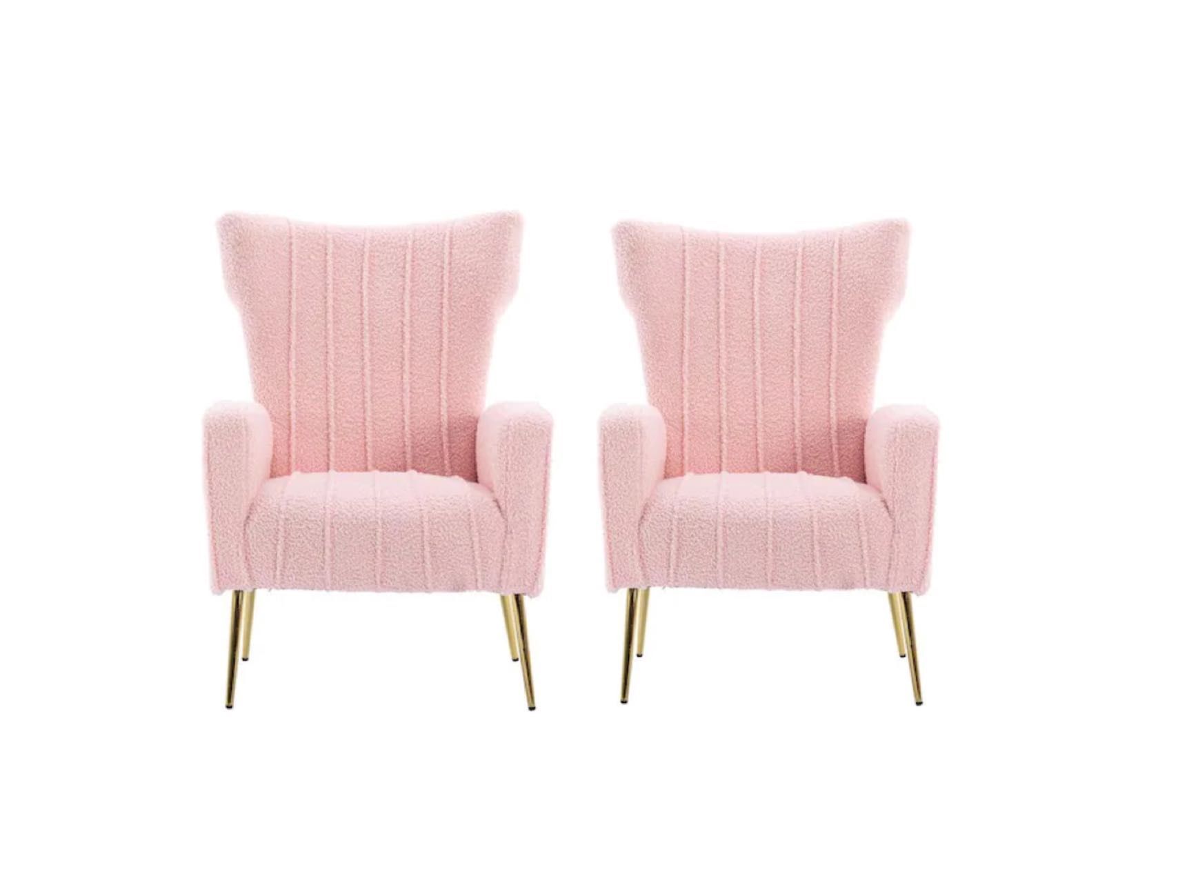 Set Of 2 Wingback Chair 40"Hx27.6"Wx28.3"D Metal Fabric Light Pink W/Golden Legs