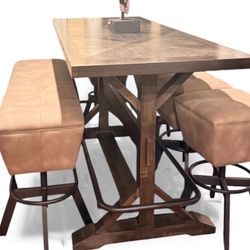 Sequoia Bar-Height Dining Table + 3 Swivel Stools + Long Bench