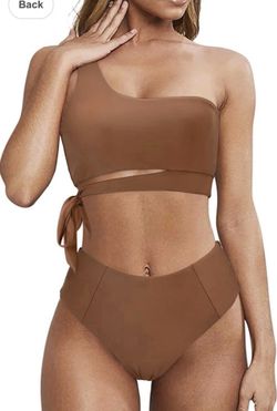 Mooslover One Shoulder High Waisted Coffee Bikini Tie High Cut 2 Piece Swimsuit Medium