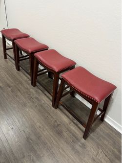 Set of 4 Counter Height Stools – Dark Wood & Burgundy Vinyl with Nailhead Trim