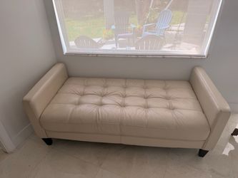 Tufted Cream Leather Bench with Arms