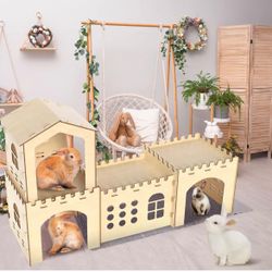 Extra Large Rabbit Hideout, Wooden Rabbit houses and Hideouts, Large Wooden Rabbit Castle For Bunnies, Hamsters and Guinea Pigs Hut to Hide