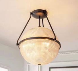 Modern Grid Textured Glass Globe Semi-Flush Mount Light