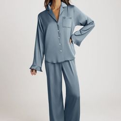 AZAZIE Satin Long Sleeve Pajama Set in Dusty Blue