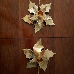 Solid Brass Holly Leaf Candlestick Holders Vintage Christmas