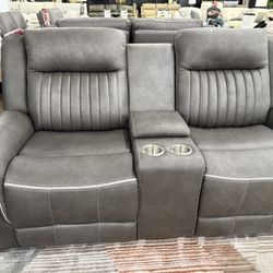 Brand New - Myers Gray Faux Leather Power Reclining Loveseat