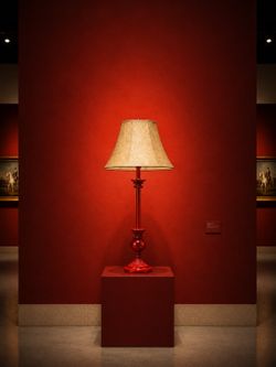 Glossy Red Table Lamp with Textured Beige Shade – 32” Tall