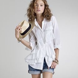 J. Crew White Tiered Front Ruffle Button Down Shirt, Womens