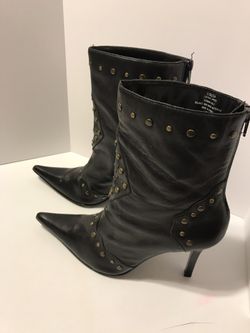 Nine West Black Ankle Leather Boots-Antique Gold Studs 7.5
