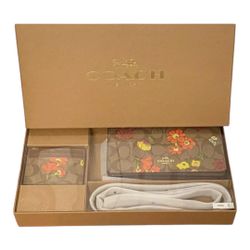 Coach Gift Box Set Floral Brown Leather Clutch Wallet & Card Case CR982