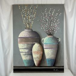 1980s Abstract Floral Vases Oil Painting: Mid-Century Modern Still Life, E. Lee, 40"x30"
