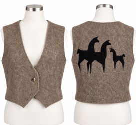 Premier Llama 90% Llama Wool Vest Womens Medium USA Animal Applique Brown