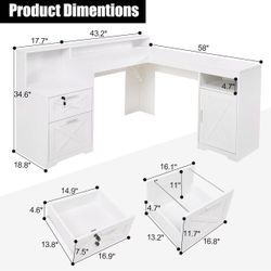 🥨60" L-Shaped Executive Desk with Printer Space,Corner Computer Desk with Power Outlets,Lockable Drawers & Adjustable File Cabnet,L Shaped Office Des